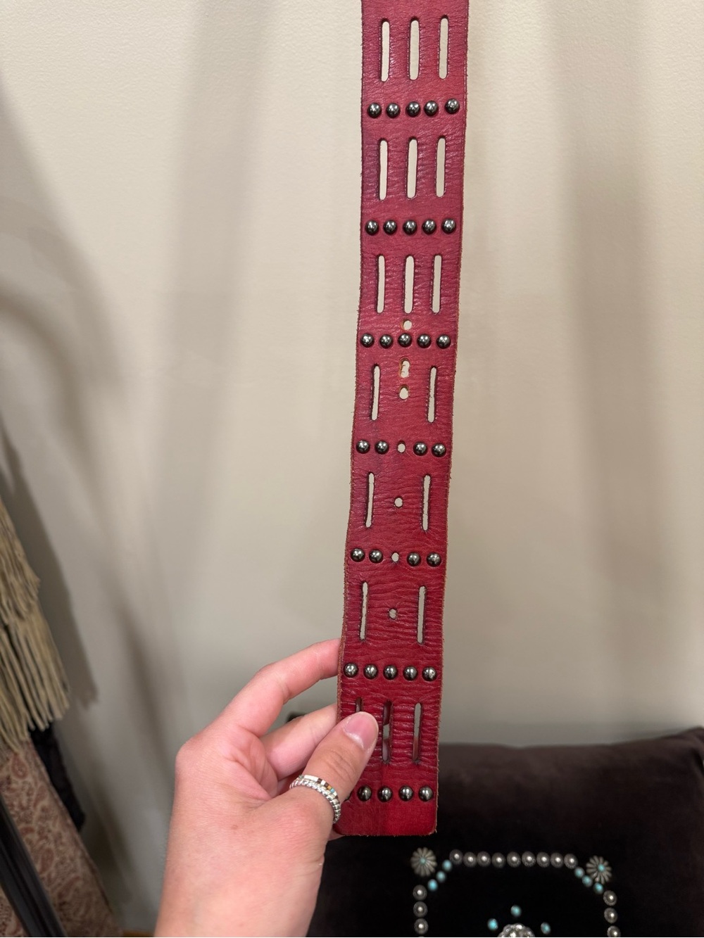 Red Studded Leather Belt - Picture 3 of 4